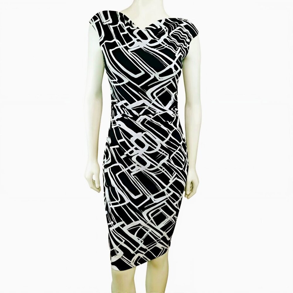 David Meister Women's Black White Abstract Midi Dress Size 8 Made in USA